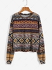 ZAFUL Sweat-shirt à Imprimé Ethnique Aztèque à Goutte Epaule M Café