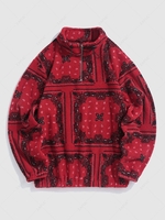 ZAFUL Sweat-shirt à Imprimé Ethnique Fourré Zippé à Col Montant en Laine L Rouge