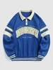ZAFUL Sweat-shirt à Imprimé Lettre en Blocs de Couleurs à Col Polo en Doublure Polaire M Bleu