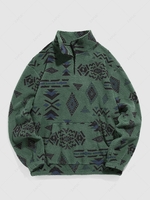 ZAFUL Sweat-shirt en Tissu Duveteux à Imprimé Ethnique Zippé en Fausse Laine L Vert profond