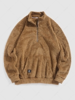 ZAFUL Sweat-shirt Fourré Patch Design à 1 / 4 Zip en Laine S Café