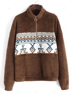 ZAFUL Sweat-shirt Fourré Tribal Imprimé à demi-Zip S Café profond