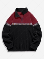 ZAFUL Sweat-shirt Géométrique Brodé Fourré en Blocs de Couleurs en Laine L Noir