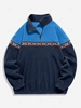 ZAFUL Sweat-shirt Géométrique Brodé Fourré en Blocs de Couleurs en Laine M Bleu profond
