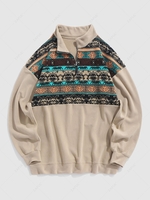 ZAFUL Sweat-shirt Géométrique Fourré Zippé à Imprimé Ethnique Aztèque L Café lumière