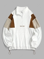 ZAFUL Sweat-shirt Graphique Brodé à Demi-Zip en Blocs de Couleurs en Laine L Blanc