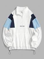 ZAFUL Sweat-shirt Graphique Brodé à Demi-Zip en Blocs de Couleurs en Laine L Bleu