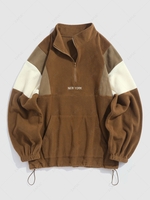 ZAFUL Sweat-shirt Graphique Brodé à Demi-Zip en Blocs de Couleurs en Laine L Café