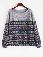 ZAFUL Sweat-shirt Lâche à Imprimé Tribal Ethnique à Doublure en Laine L Bleu profond