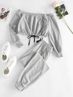 ZAFUL Sweat-shirt Ourlet Brut à Epaule Dénudée à Cordon S Gris clair