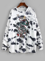 ZAFUL Sweat-shirt Surdimensionné Chinoiserie Dragon Imprimé S Blanc