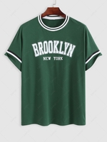 ZAFUL T-shirt à Lettre BROOKLYN NEW YORK et Rayures Brodées à Manches Courtes S Vert profond