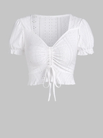 ZAFUL T-shirt Court Ajouré Manches Courtes à Col V à Volants avec Œillet L Blanc