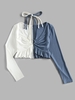 ZAFUL T-Shirt Court Côtelé Bicolore à Volants à Col Halter S Bleu
