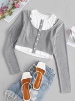 ZAFUL T-shirt Court Côtelé Boutonné en Blocs de Couleurs Jointif avec Bouton S