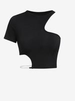 ZAFUL T-shirt Court Côtelé Découpé Embelli de Chaîne L Noir