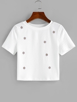 ZAFUL T-shirt Court Côtelé Fleur Brodée S Blanc