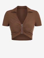 ZAFUL T-shirt Court Côtelé Zip en Avant à Col S Café profond