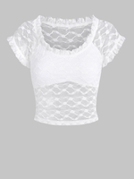 ZAFUL T-shirt Court en Dentelle Transparente Ourlet à Volants M Blanc