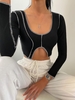 ZAFUL T-shirt Court Fendu Côtelé Cousu L Noir