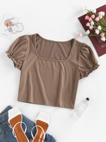ZAFUL T-shirt Court Manches Bouffantes à Col Carré S Café profond