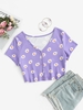 ZAFUL T-shirt Court Marguerite Fleuri avec Bouton en Avant L Violet clair