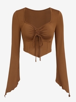 ZAFUL T-shirt Croset Asymétrique Cintré à Manches Evasées Style Corset à Col Cœur M Café