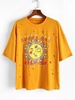 ZAFUL T-shirt Déchiré à Imprimé Fleur Soleil à Goutte Epaule de Grande Taille