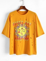 ZAFUL T-shirt Déchiré à Imprimé Fleur Soleil à Goutte Epaule de Grande Taille