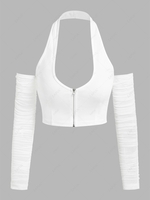 ZAFUL T-shirt en Maille Zippé Epaule Dénudée à Col Halter M Blanc