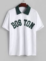 ZAFUL T-shirt Lettre BOSTON Brodée en Blocs de Couleurs à Manches Courtes à Col Polo en Velours Côtelé Xxl Blanc