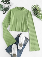 ZAFUL T-shirt Maigre Côtelé à Ourlet en Laitue à Manches Evasées M Vert clair