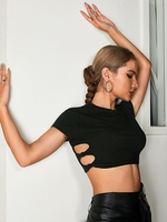 ZAFUL T-shirt Noué Découpé en Tricot avec Trou de Serrure L Noir