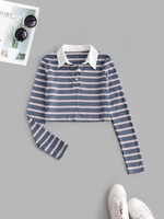 ZAFUL T-shirt Polo Court Demi-Boutonné Rayé Côtelé L Bleu