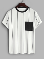 ZAFUL T-shirt Rayé Design avec Poche en Avant à Manches Courtes L Blanc
