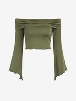 ZAFUL T-shirt Superposé Asymétrique à Epaule Dénudée à Manches Plissées S Vert profond