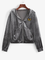 ZAFUL Veste à Capuche Applique Papillon en Velours S Gris