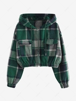 ZAFUL Veste à Capuche Zippée à Carreaux avec Poche à Rabat en Flanelle L Vert profond