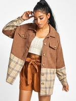 ZAFUL Veste à Carreaux à Goutte Epaule en Velours Côtelé S Café