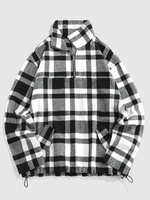 ZAFUL Veste à Carreaux Imprimée à Quart Zip en Laine Mélangée L Noir