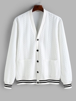 ZAFUL Veste Boutonnée en Tricot à Câble Design Rayée avec Poche en Avant L Blanc