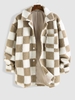ZAFUL Veste Boutonnée Motif à Carreaux en Fausse Laine L Café