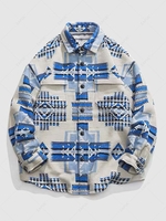 ZAFUL Veste Boutonnée Motif Géométrique de Style Ethnique avec Poche à Rabat Xxl Bleu