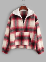 ZAFUL Veste à Carreaux Goutte Epaule à Demi-Zip L Rouge