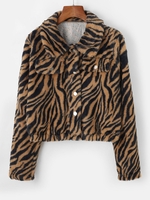 ZAFUL Veste Courte Tigre Rayée avec Poches en Fausse Fourrure S Bronze