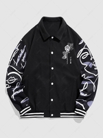 ZAFUL Veste de Base-ball Unisexe Pochette avec Rose Brodée en Graffiti Love pour Saint Valentin L Noir
