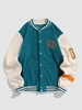 ZAFUL Veste de Baseball Feuille Brodée Fourrée en Blocs de Couleurs en Laine Style Blokecore L Bleu