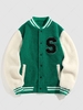 ZAFUL Veste de Baseball Universitaire en Fausse Laine Applique en Blocs de Couleurs L Vert