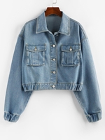 ZAFUL Veste Goutte Epaule avec Poche à Manchette Elastique en Denim L Bleu clair
