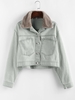 ZAFUL Veste Goutte Epaule avec Poche en Denim à Col en Fausse Fourrure L Bleu clair